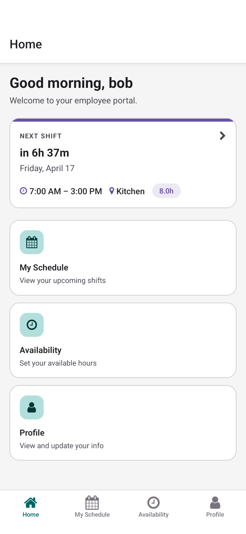 CrewCentral mobile app showing an employee’s next shift, schedule, and availability